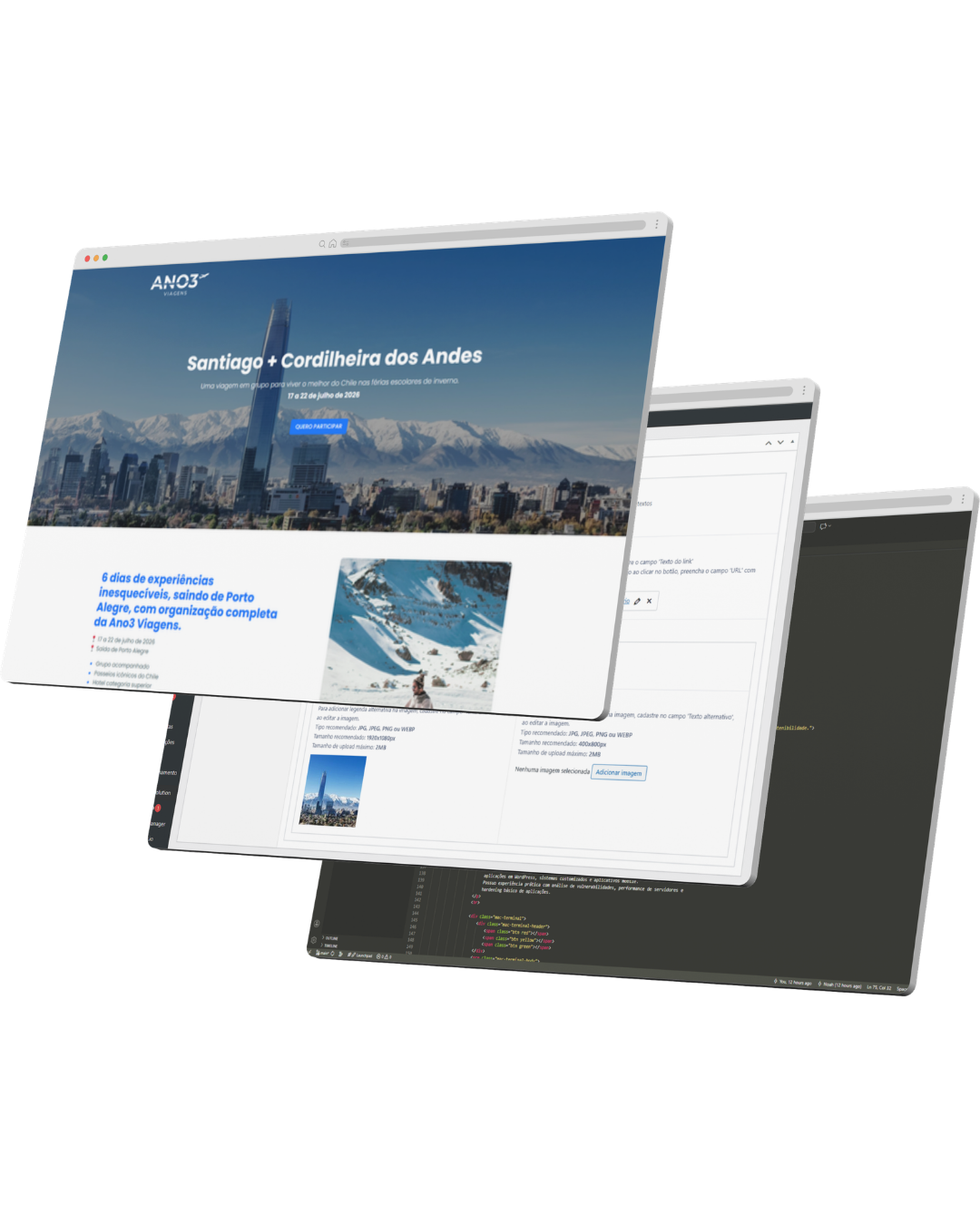 Print do painel da Ano3 Viagens e de uma landing page criada